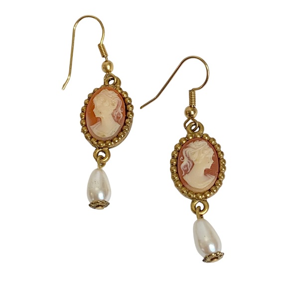 Vintage Jewelry - Vintage Victorian revival pearl drop cameo earrings